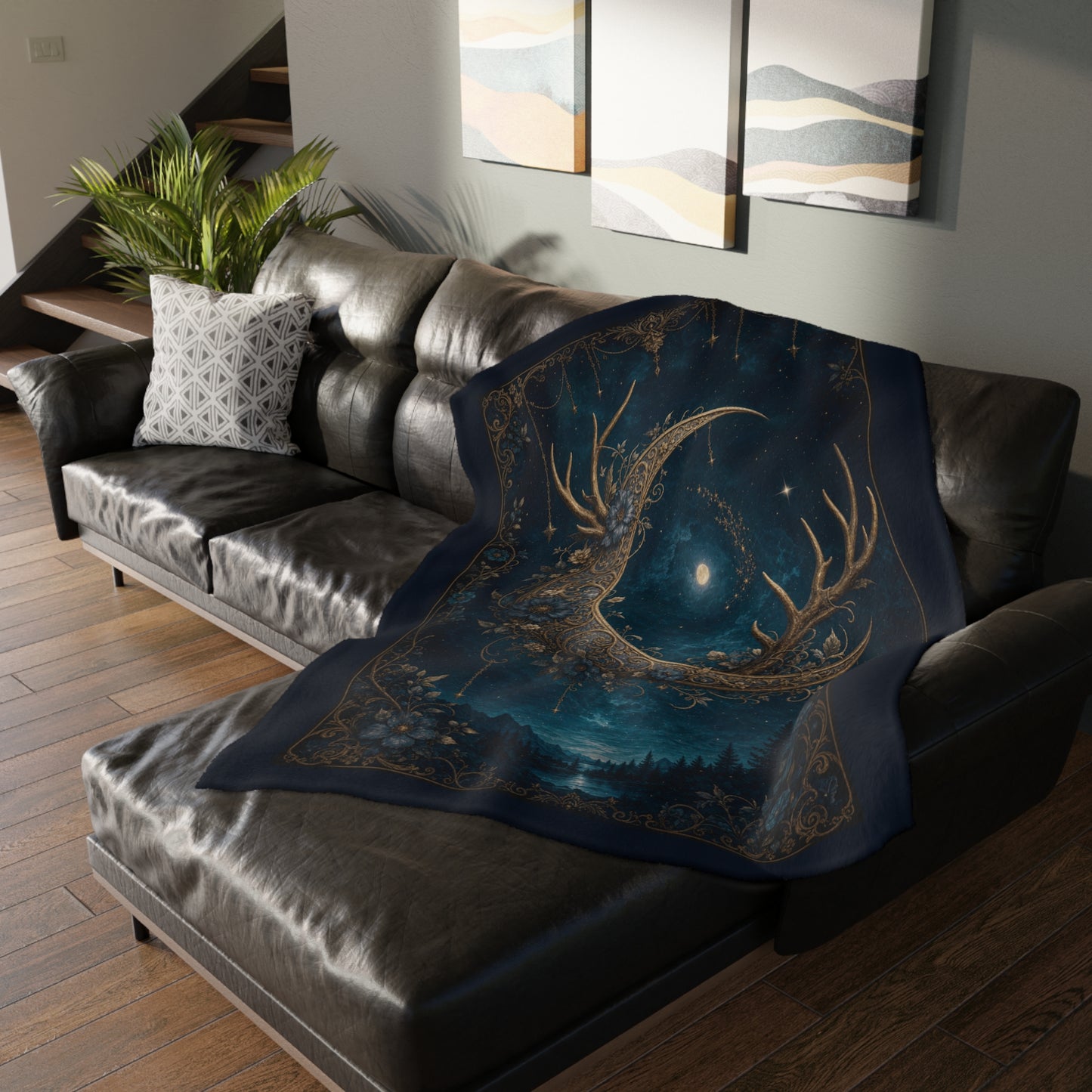 Moonlit & Mountain Reversible Velveteen Blanket: Celestial Filigree Crescent Moon with Floral Antlers & Boho Moroccan Chains