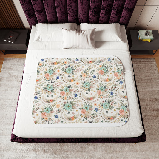 Celestial Bloom Sherpa Fleece Blanket: Crescent Moon & Wildflower Cottagecore Throw