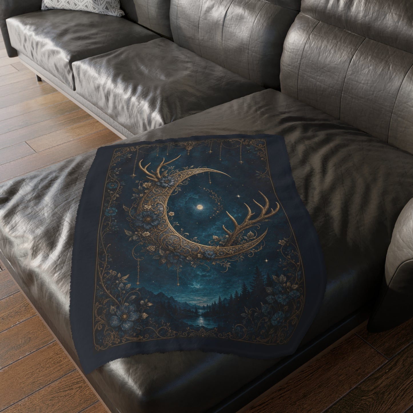 Moonlit & Mountain Reversible Velveteen Blanket: Celestial Filigree Crescent Moon with Floral Antlers & Boho Moroccan Chains
