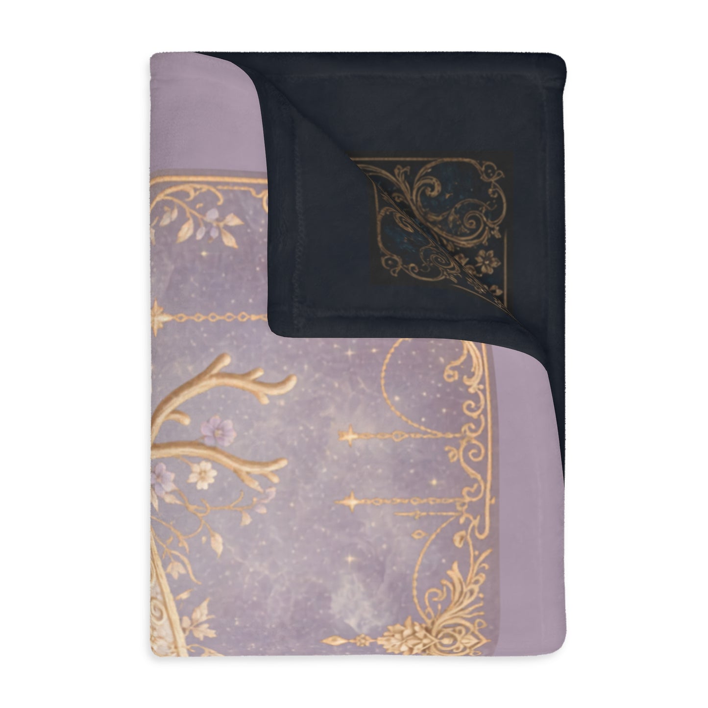 Moonlit & Mountain Reversible Velveteen Blanket: Celestial Filigree Crescent Moon with Floral Antlers & Boho Moroccan Chains