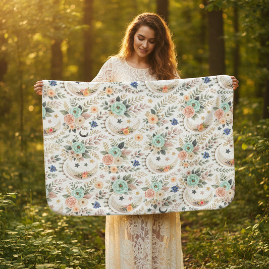 Celestial Bloom Sherpa Fleece Blanket: Crescent Moon & Wildflower Cottagecore Throw