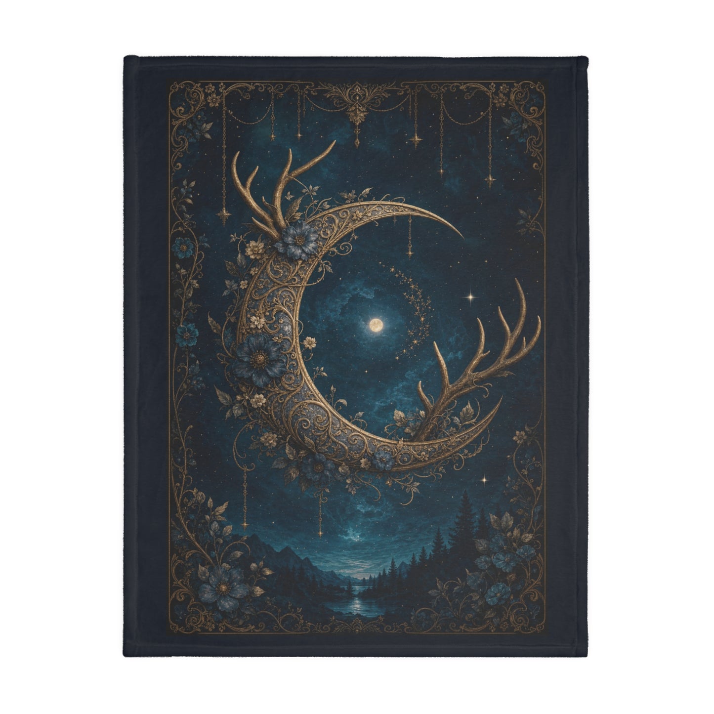 Moonlit & Mountain Reversible Velveteen Blanket: Celestial Filigree Crescent Moon with Floral Antlers & Boho Moroccan Chains