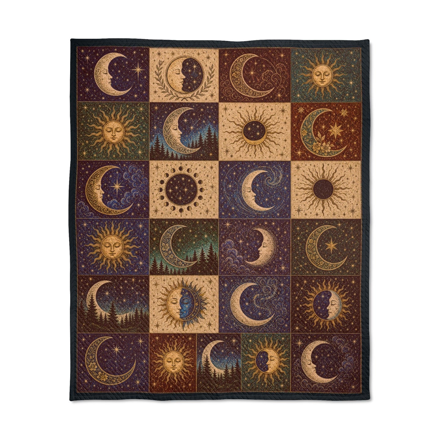 Celestial Quilt Throw: Sun & Moon Patchwork Blanket