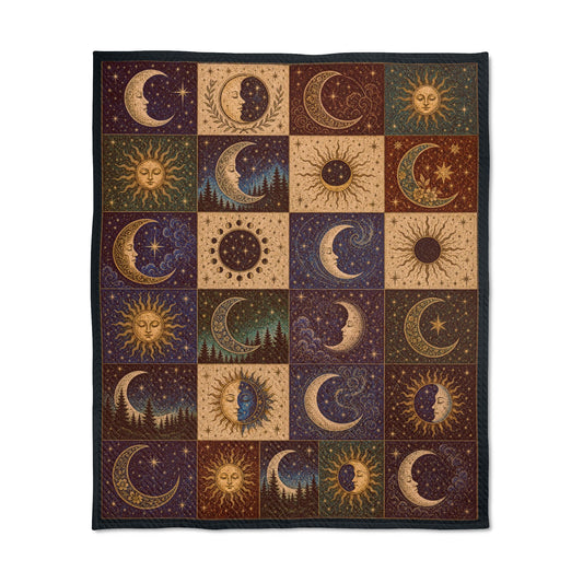 Celestial Quilt Throw: Sun & Moon Patchwork Blanket