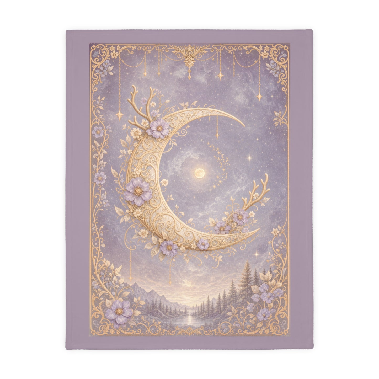 Moonlit & Mountain Reversible Velveteen Blanket: Celestial Filigree Crescent Moon with Floral Antlers & Boho Moroccan Chains