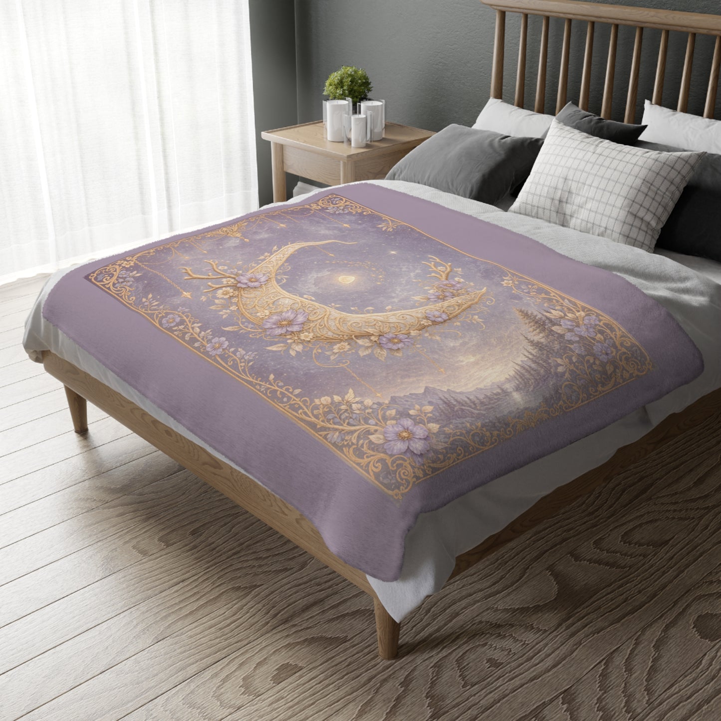 Moonlit & Mountain Reversible Velveteen Blanket: Celestial Filigree Crescent Moon with Floral Antlers & Boho Moroccan Chains