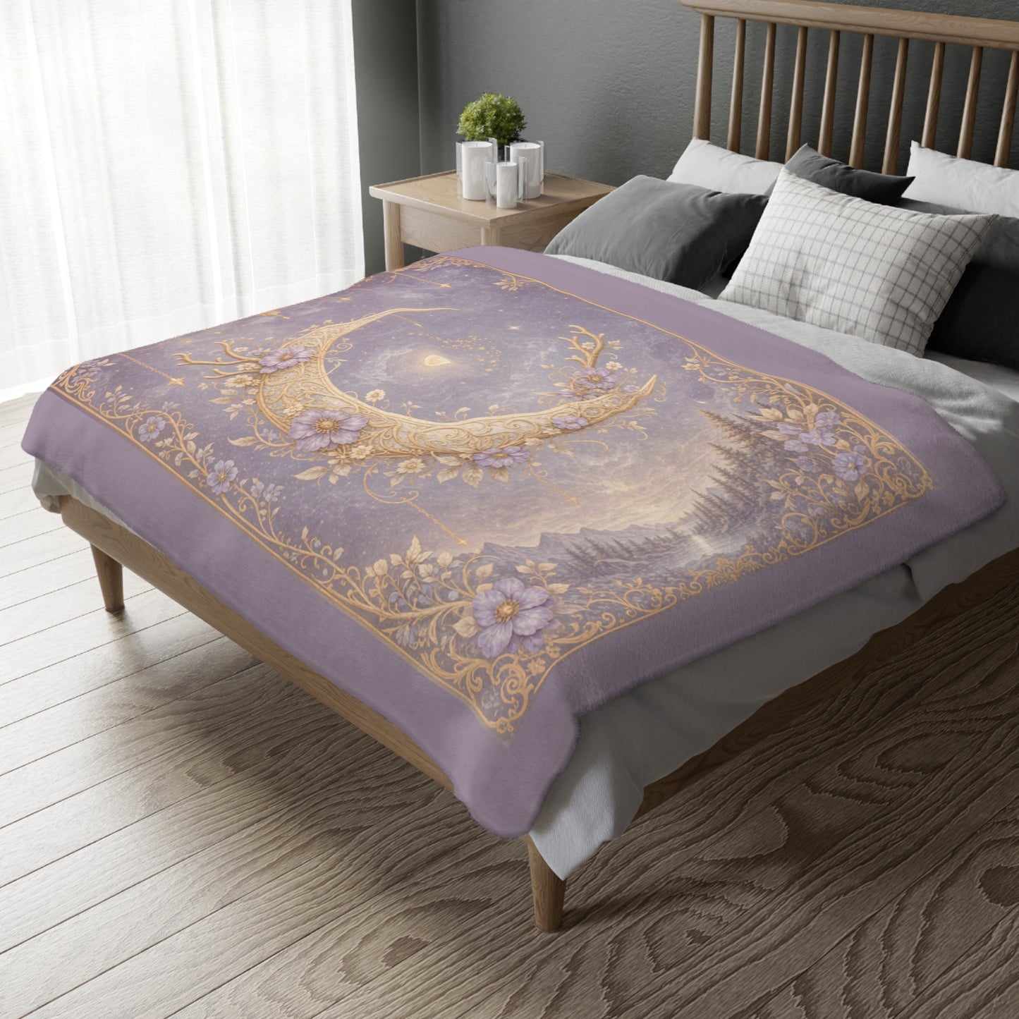 Moonlit & Mountain Reversible Velveteen Blanket: Celestial Filigree Crescent Moon with Floral Antlers & Boho Moroccan Chains