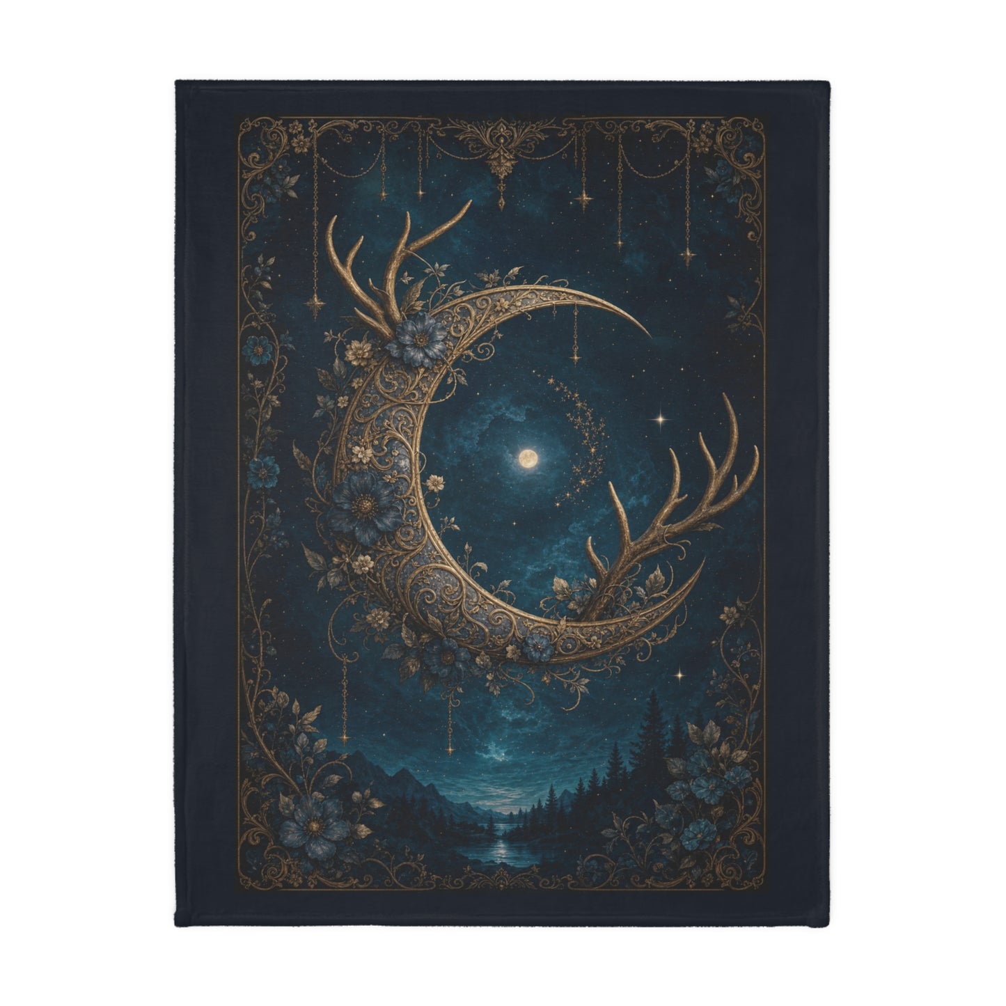 Moonlit & Mountain Reversible Velveteen Blanket: Celestial Filigree Crescent Moon with Floral Antlers & Boho Moroccan Chains