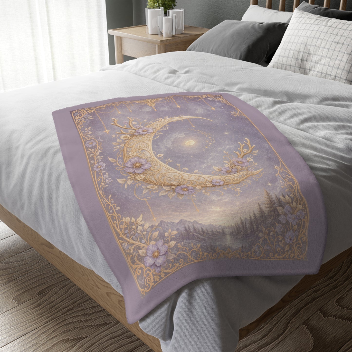 Moonlit & Mountain Reversible Velveteen Blanket: Celestial Filigree Crescent Moon with Floral Antlers & Boho Moroccan Chains
