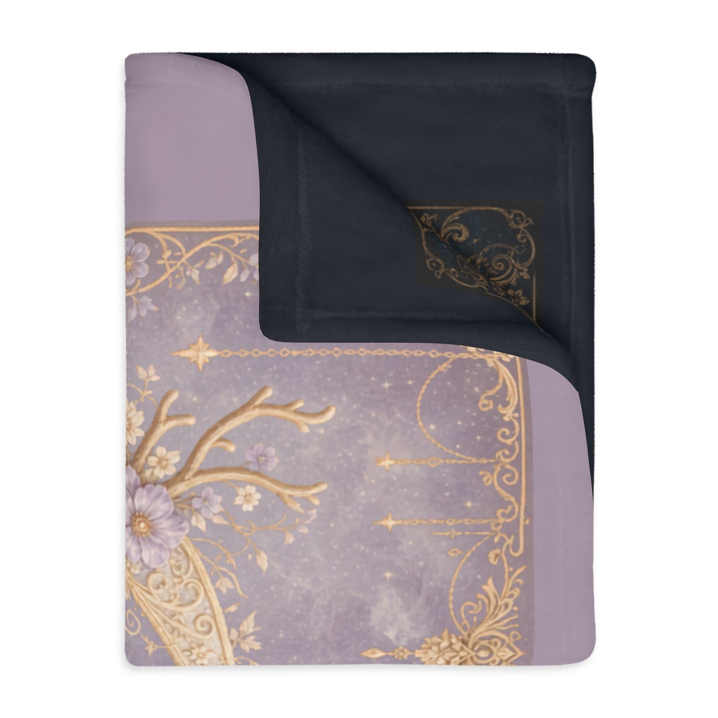 Moonlit & Mountain Reversible Velveteen Blanket: Celestial Filigree Crescent Moon with Floral Antlers & Boho Moroccan Chains