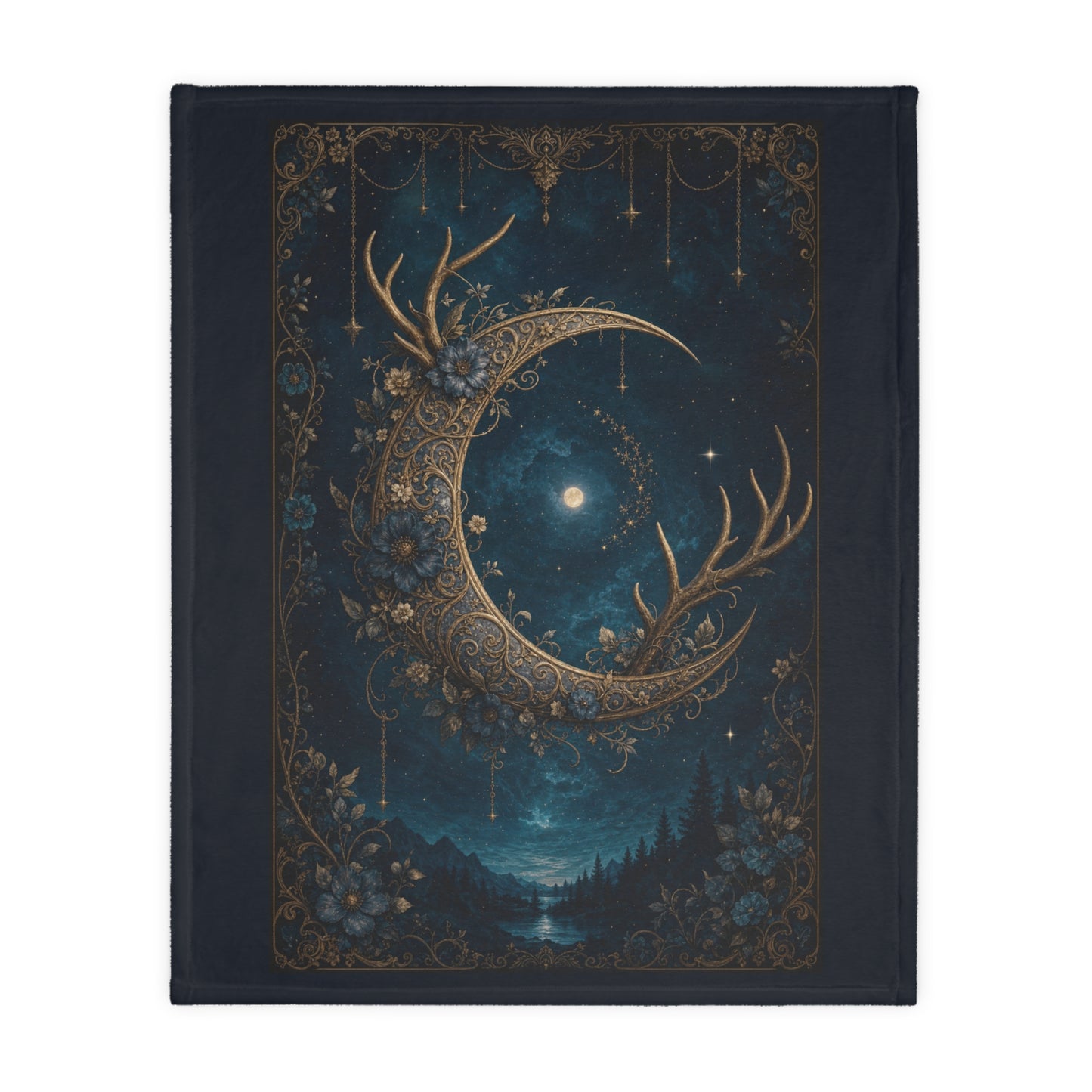 Moonlit & Mountain Reversible Velveteen Blanket: Celestial Filigree Crescent Moon with Floral Antlers & Boho Moroccan Chains