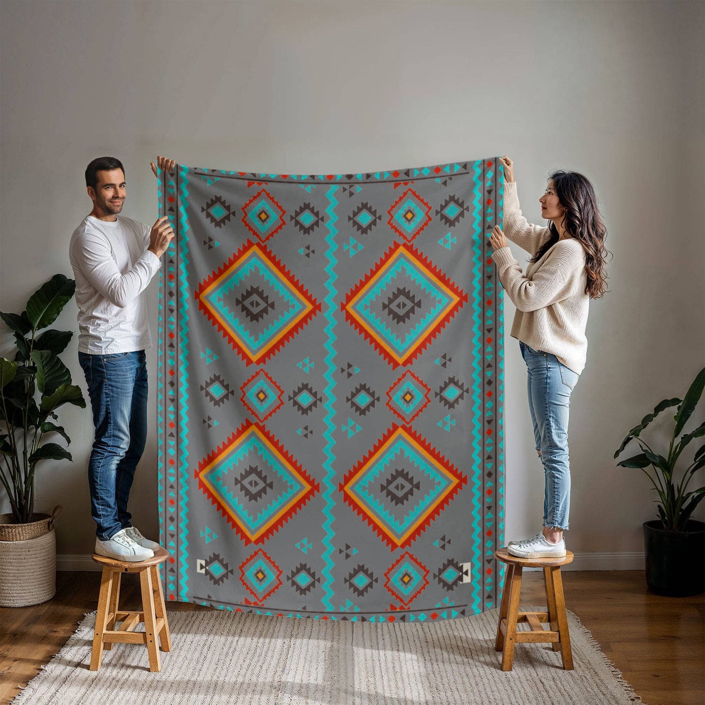 Southwestern Diamond Pattern Blanket: Reversible Velveteen Microfiber Throw