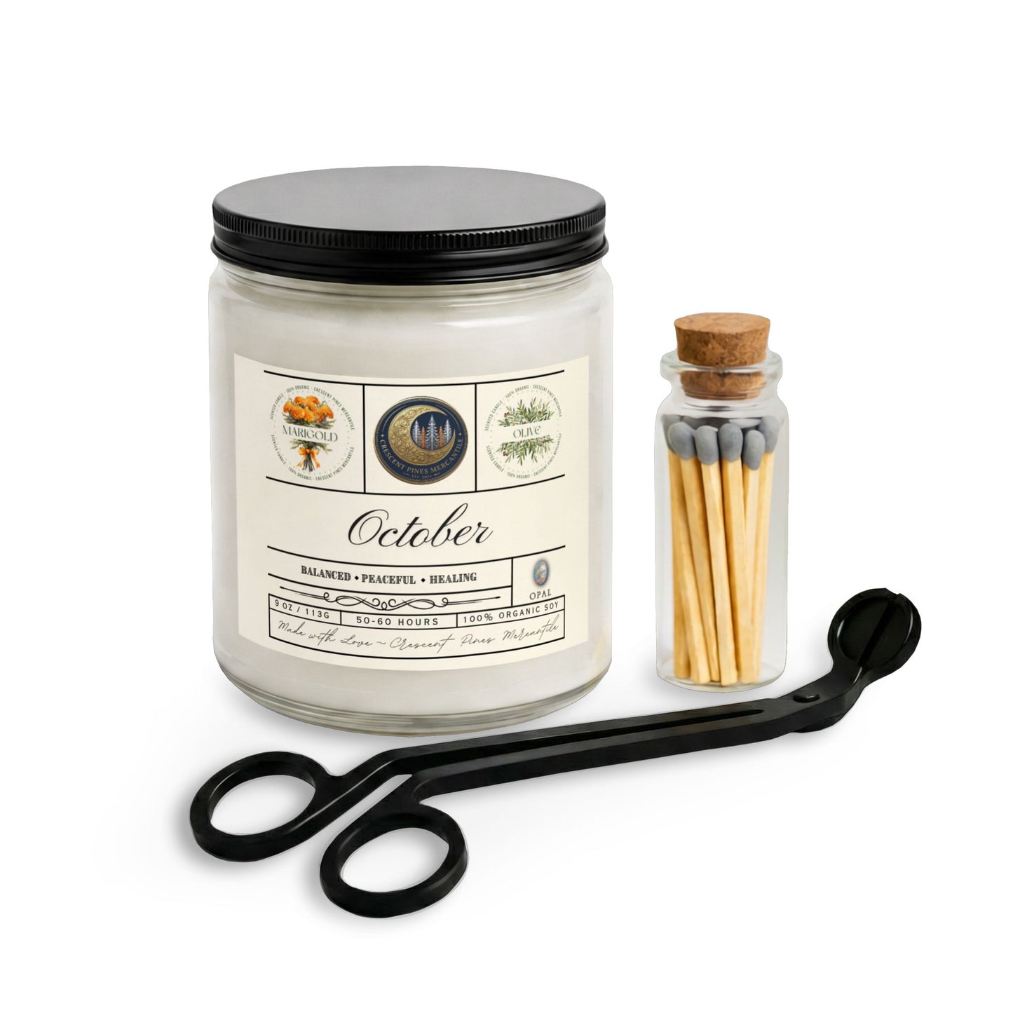 *October Birth Month Candle Jar Set with Matches & Wick Trimmer