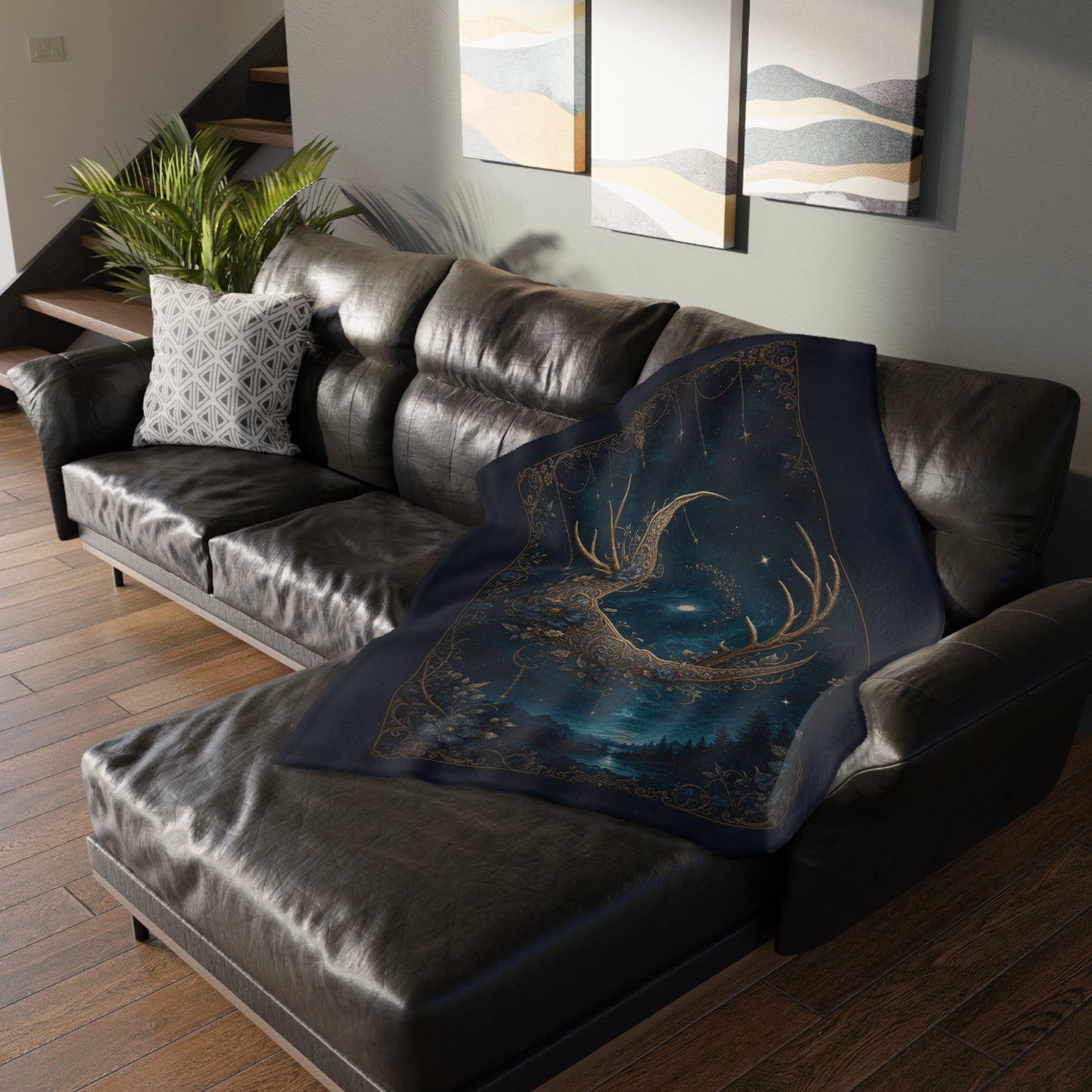 Moonlit & Mountain Reversible Velveteen Blanket: Celestial Filigree Crescent Moon with Floral Antlers & Boho Moroccan Chains