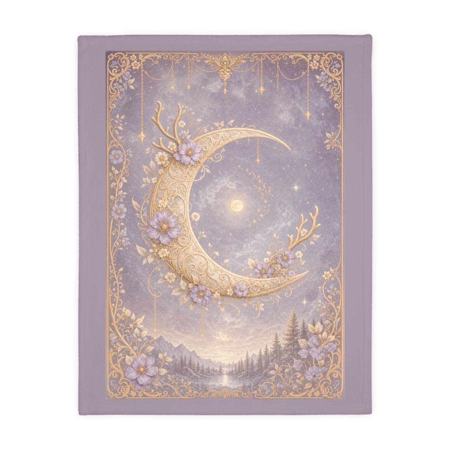 Moonlit & Mountain Reversible Velveteen Blanket: Celestial Filigree Crescent Moon with Floral Antlers & Boho Moroccan Chains