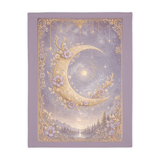 Moonlit & Mountain Reversible Velveteen Blanket: Celestial Filigree Crescent Moon with Floral Antlers & Boho Moroccan Chains