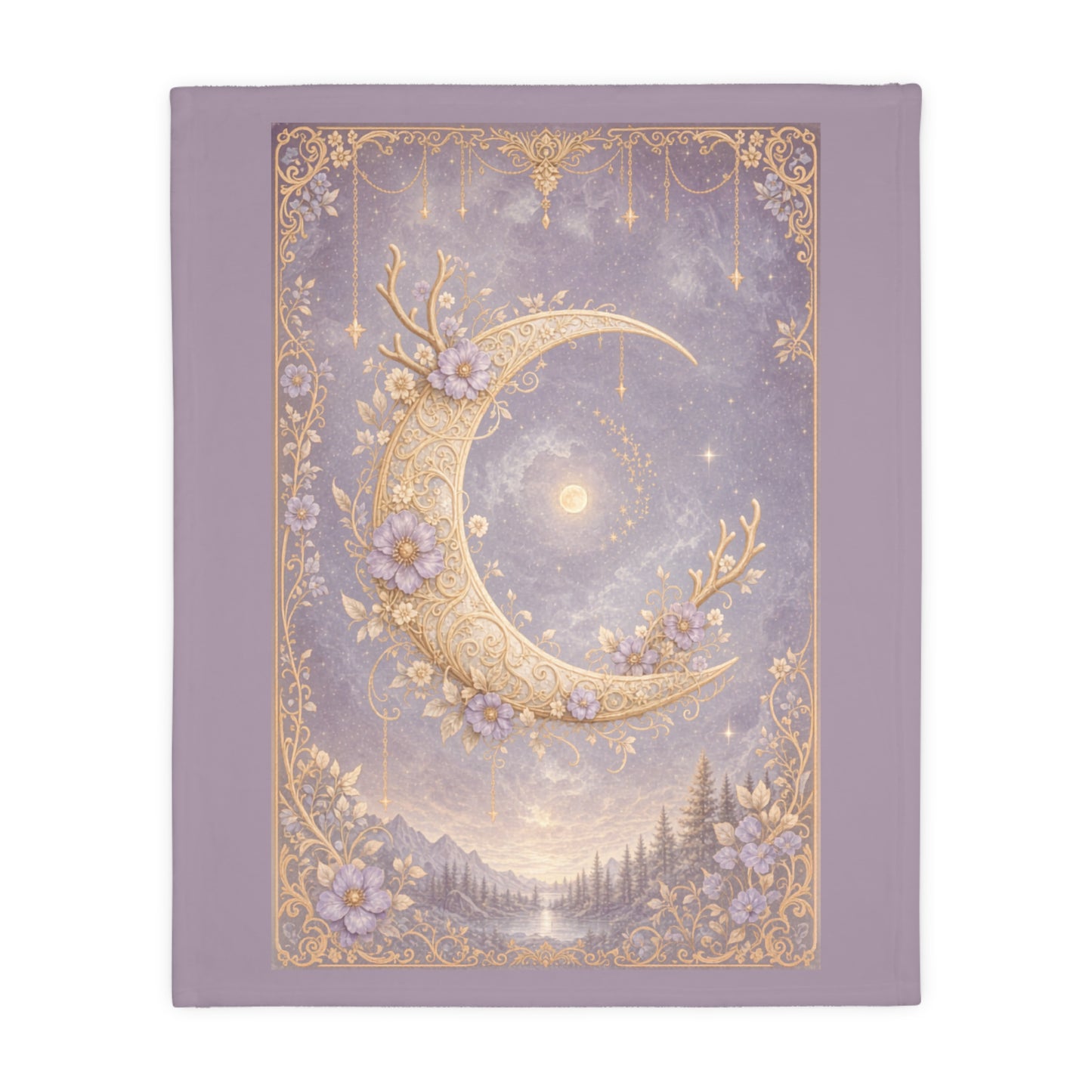 Moonlit & Mountain Reversible Velveteen Blanket: Celestial Filigree Crescent Moon with Floral Antlers & Boho Moroccan Chains