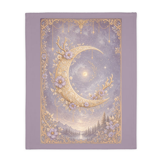 Moonlit & Mountain Reversible Velveteen Blanket: Celestial Filigree Crescent Moon with Floral Antlers & Boho Moroccan Chains