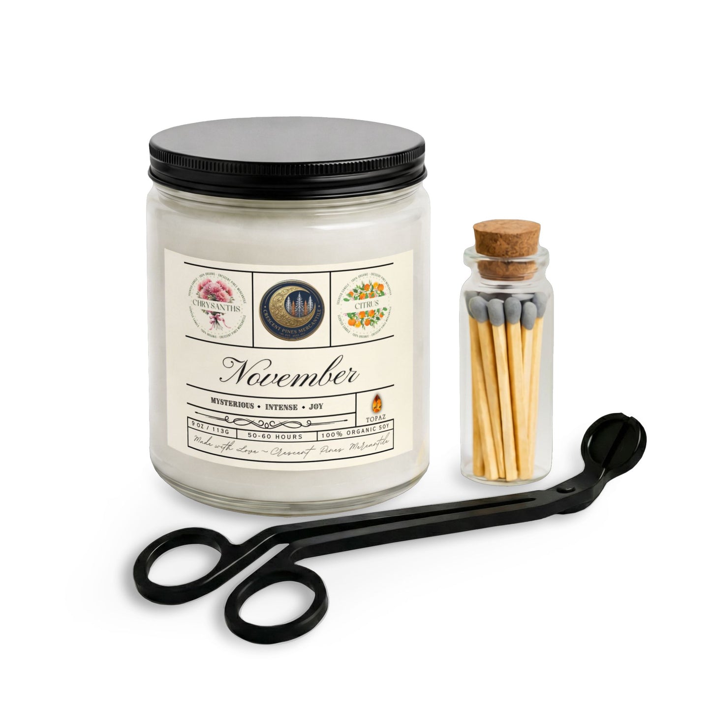 November Birth Month Candle Gift Set with Matches and Wick Trimmer