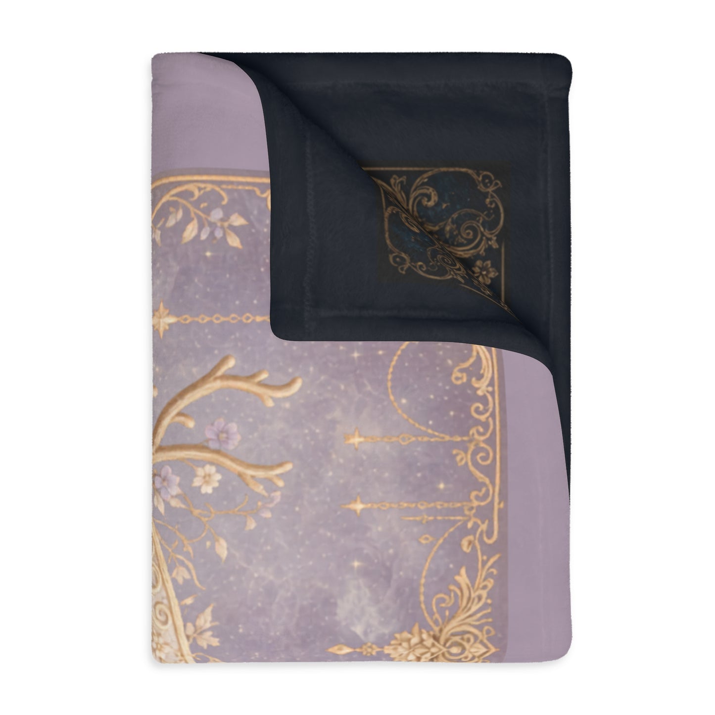 Moonlit & Mountain Reversible Velveteen Blanket: Celestial Filigree Crescent Moon with Floral Antlers & Boho Moroccan Chains