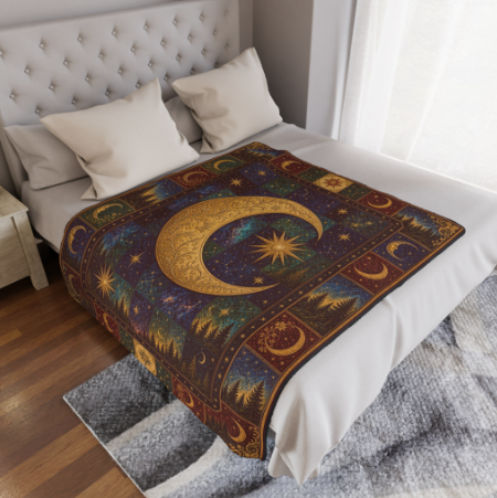 Quilted Throw: Celestial Moon & Star Tapestry Throw Blanket