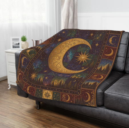 Quilted Throw: Celestial Moon & Star Tapestry Throw Blanket