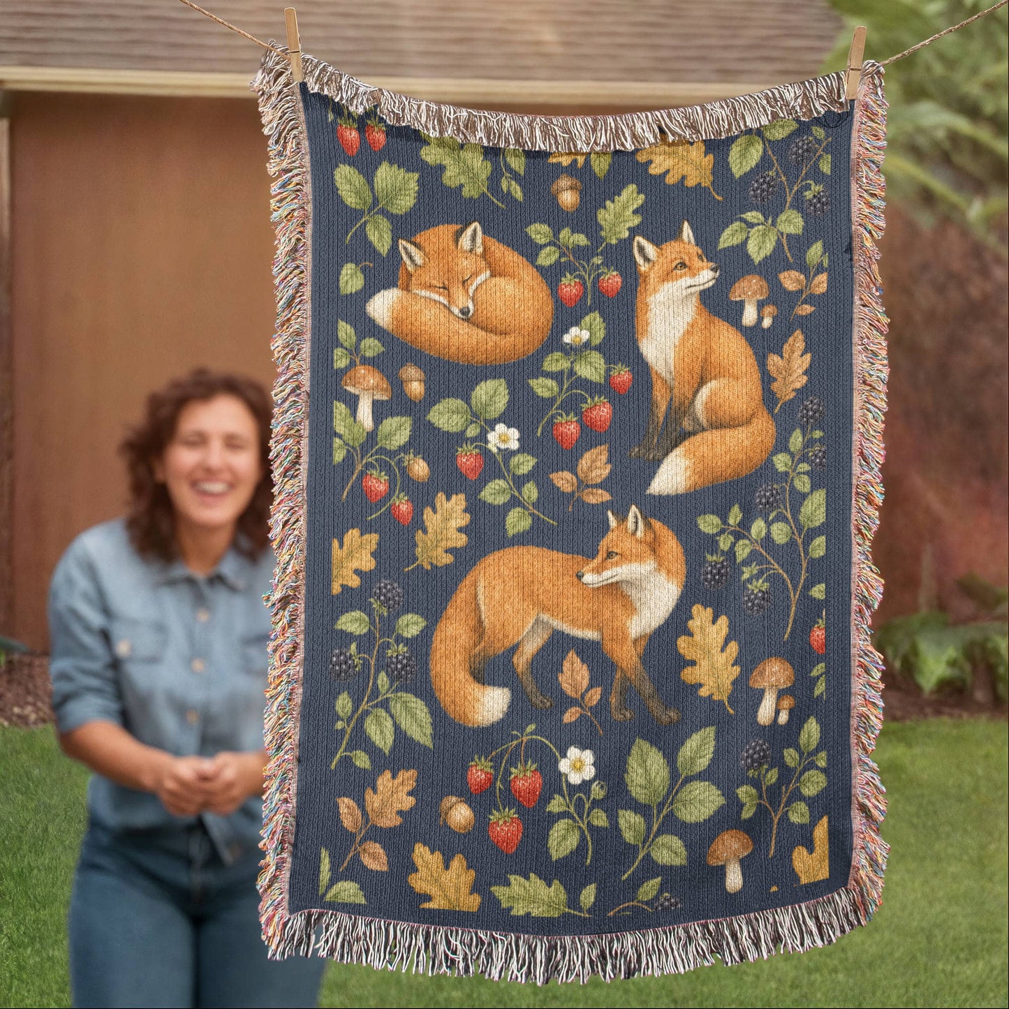 Strawberry Patch Fox Heirloom Woven Blanket