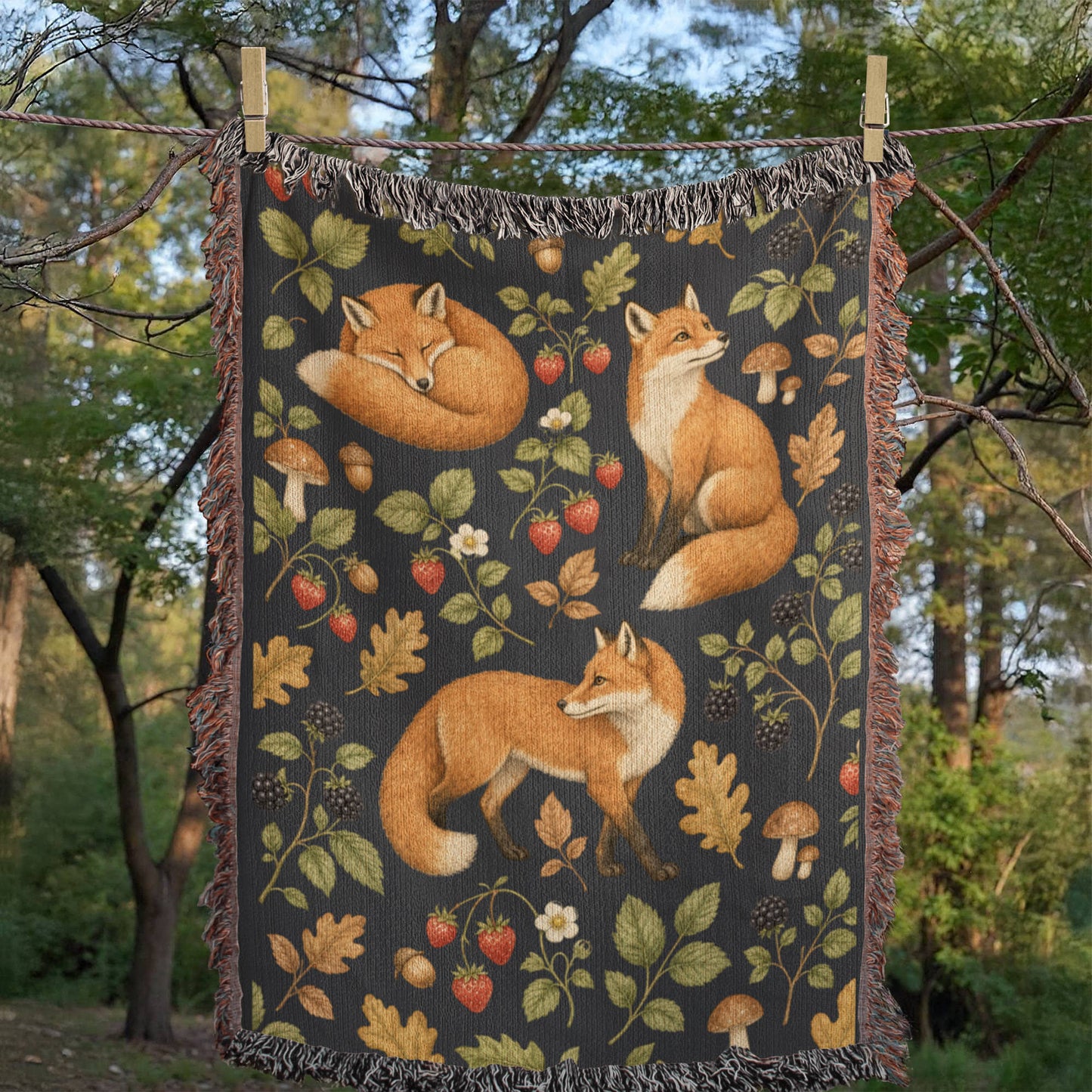 Strawberry Patch Fox Heirloom Woven Blanket