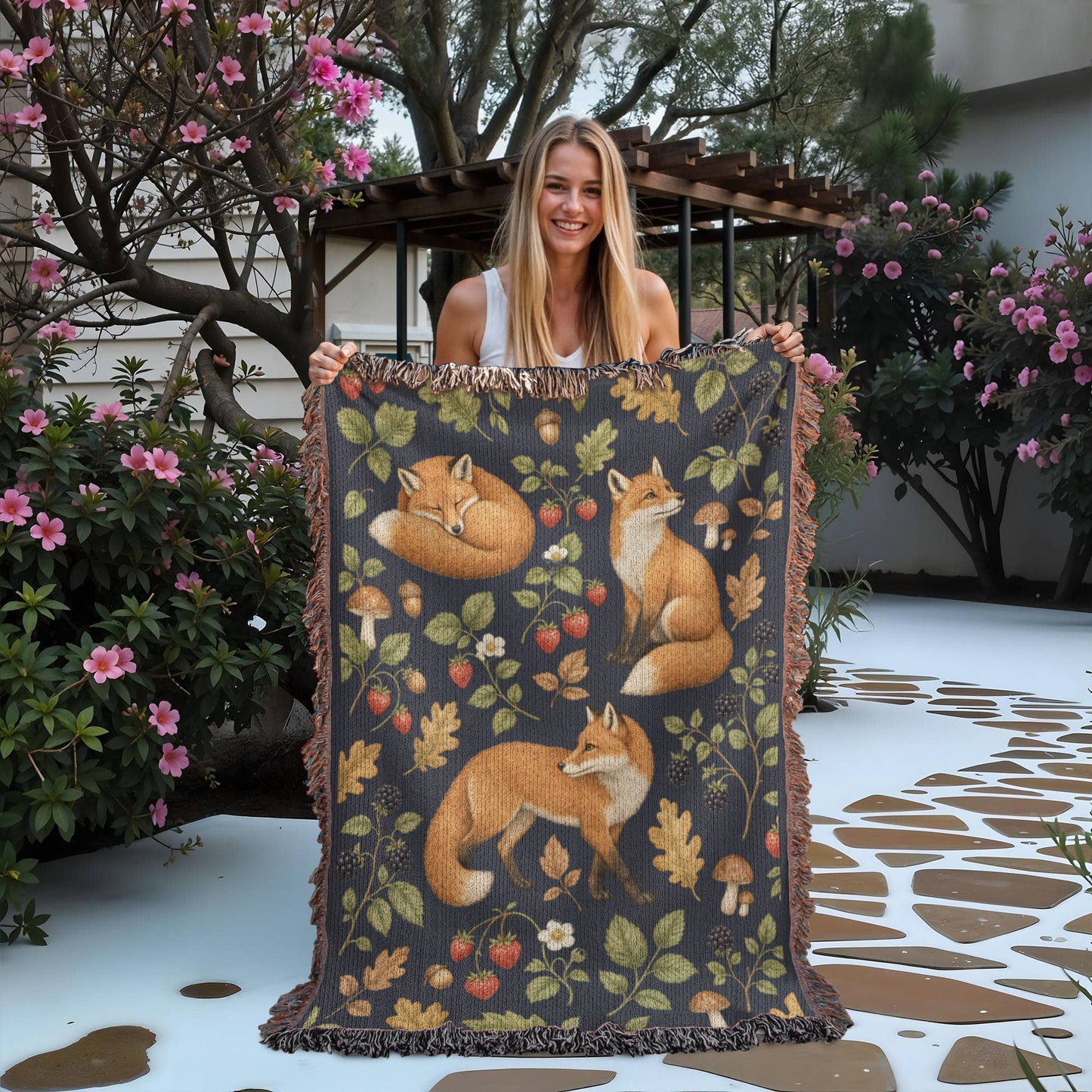 Strawberry Patch Fox Heirloom Woven Blanket