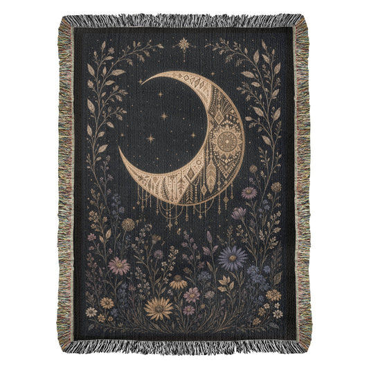 Celestial Garden Heirloom Woven Blanket: Crescent Moon & Botanical Cottagecore Throw