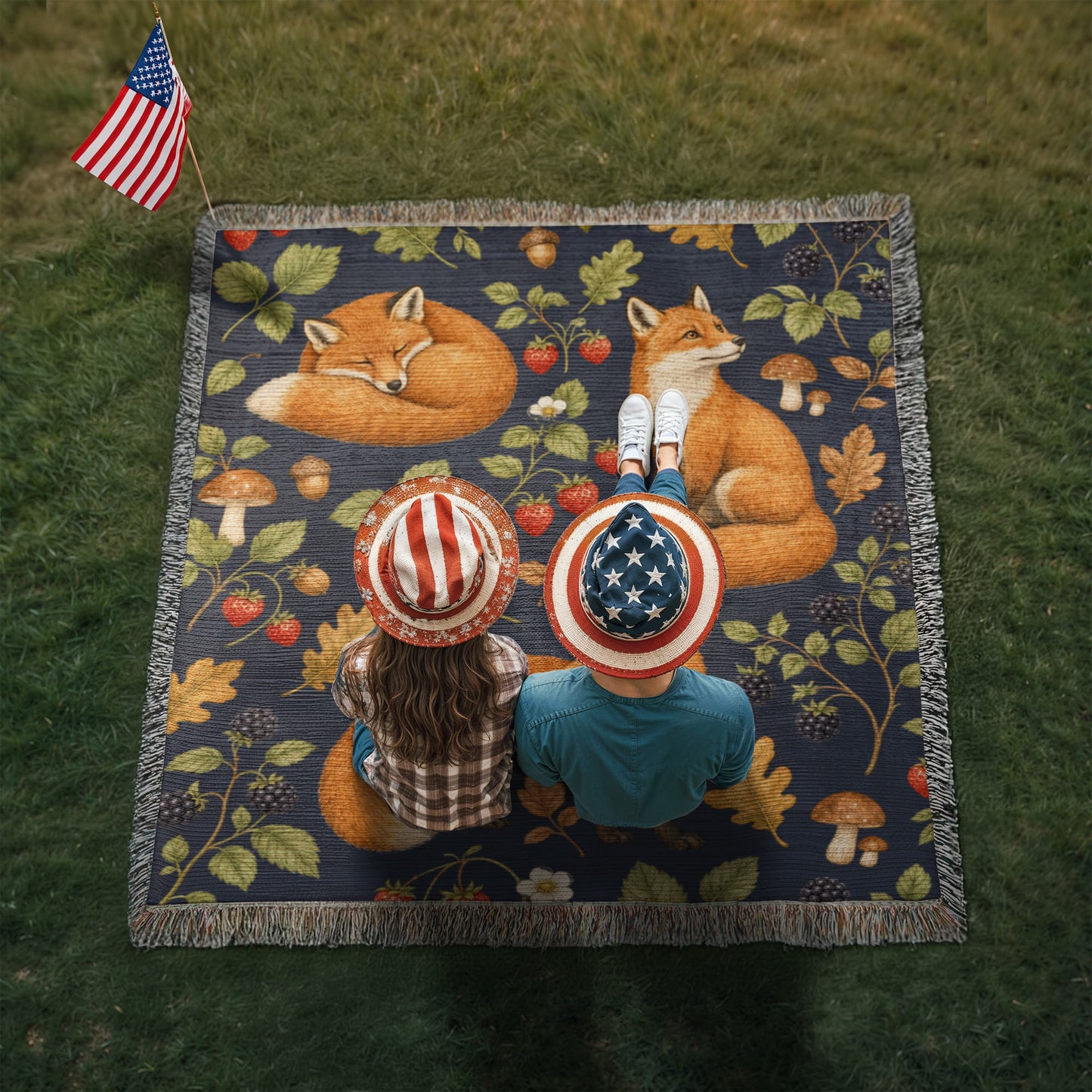 Strawberry Patch Fox Heirloom Woven Blanket