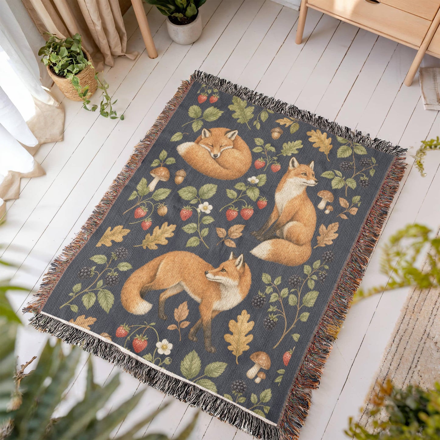 Strawberry Patch Fox Heirloom Woven Blanket