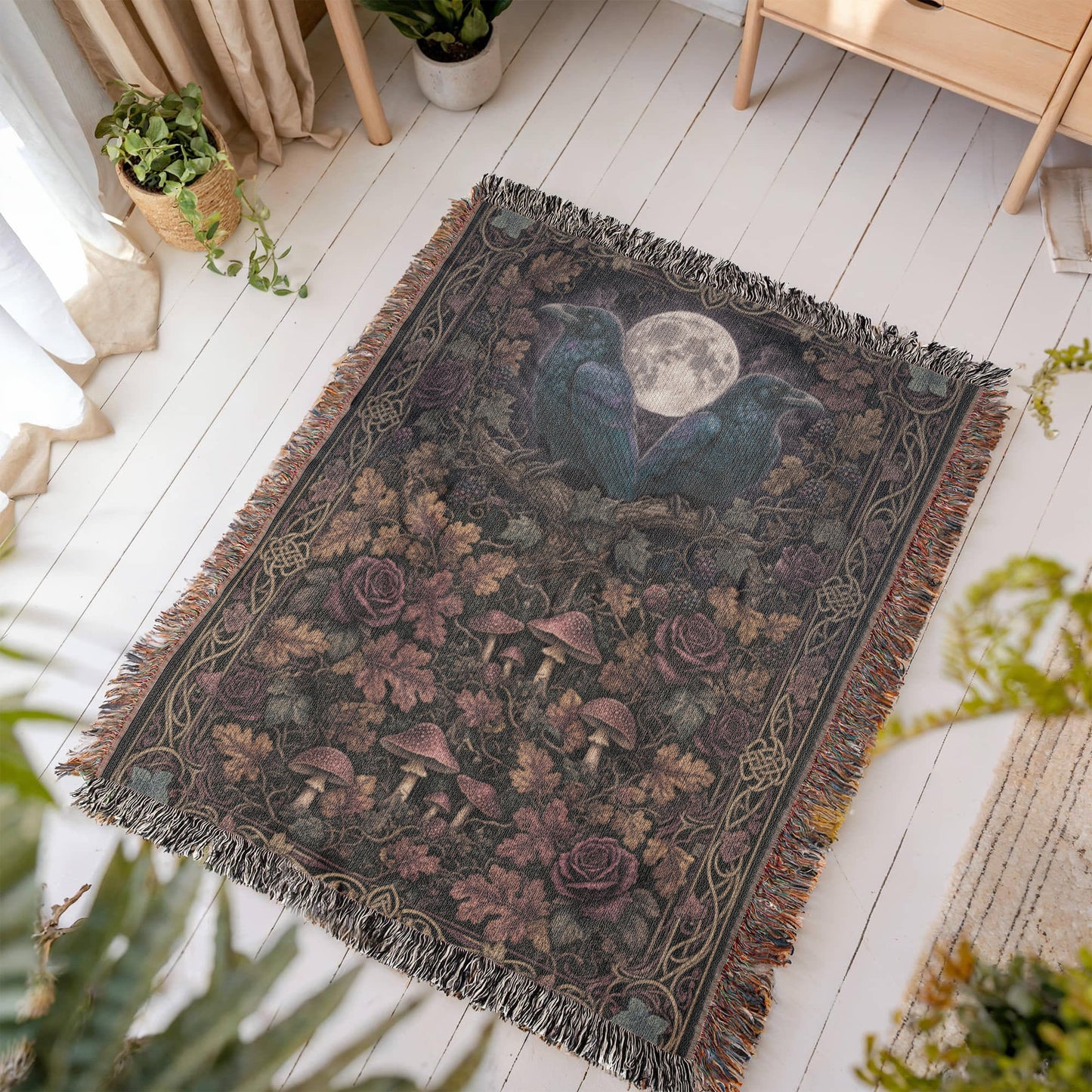 Medieval Moonlit Crows Heirloom Woven Throw