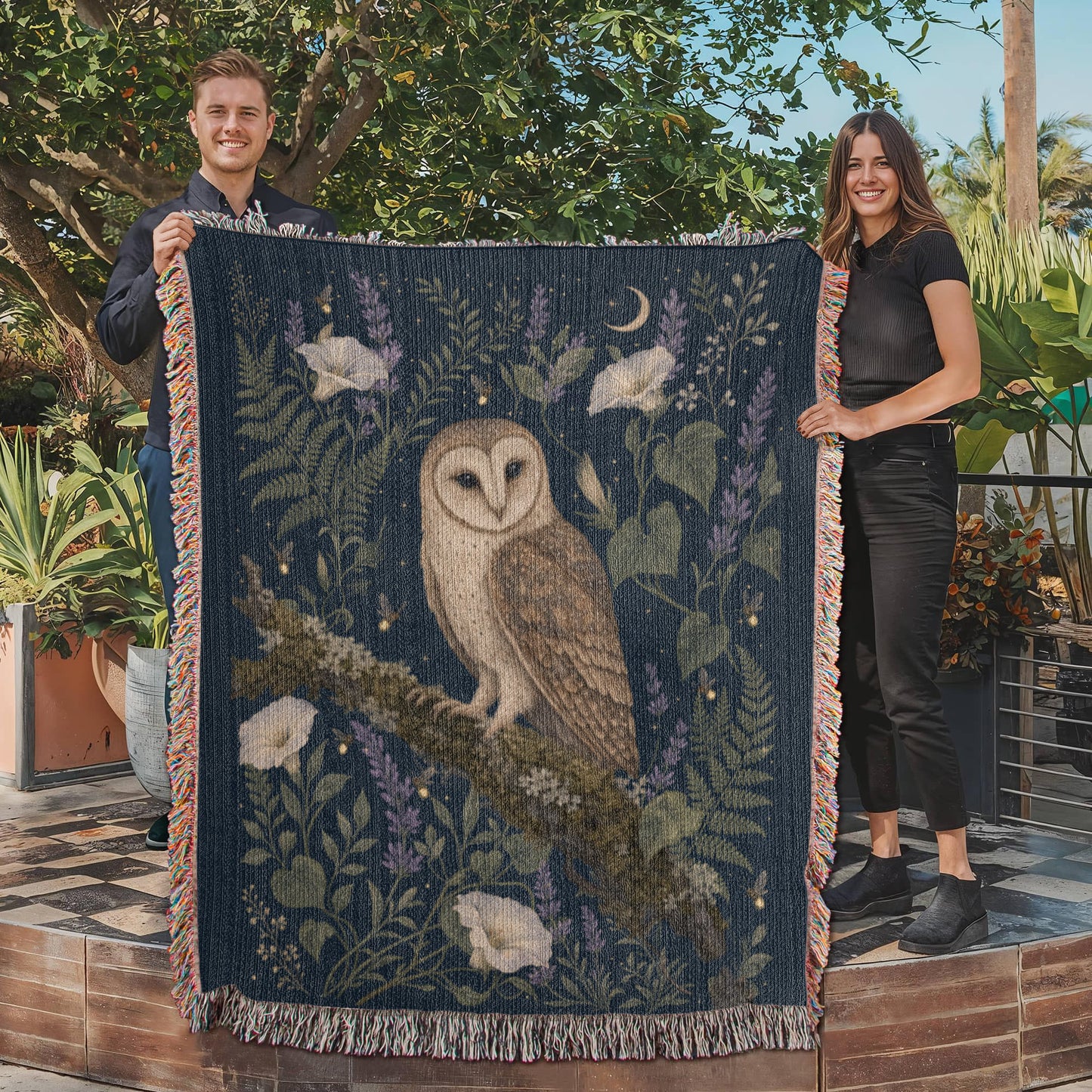 *Enchanted Owl Floral Moon Woven Throw Blanket
