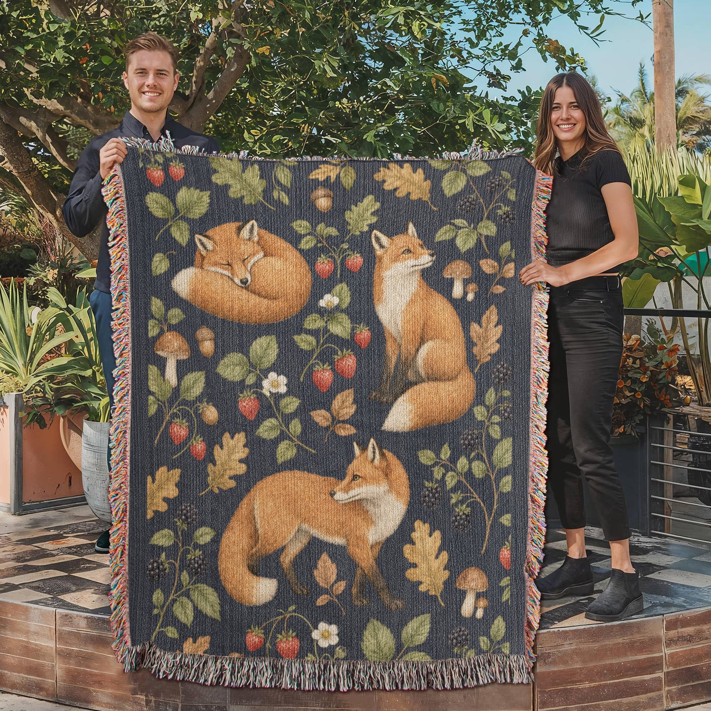 Strawberry Patch Fox Heirloom Woven Blanket
