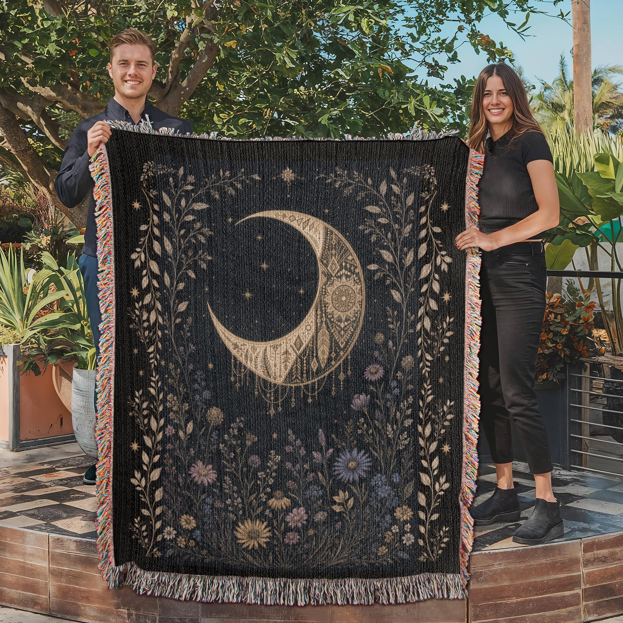 Celestial Garden Heirloom Woven Blanket: Crescent Moon & Botanical