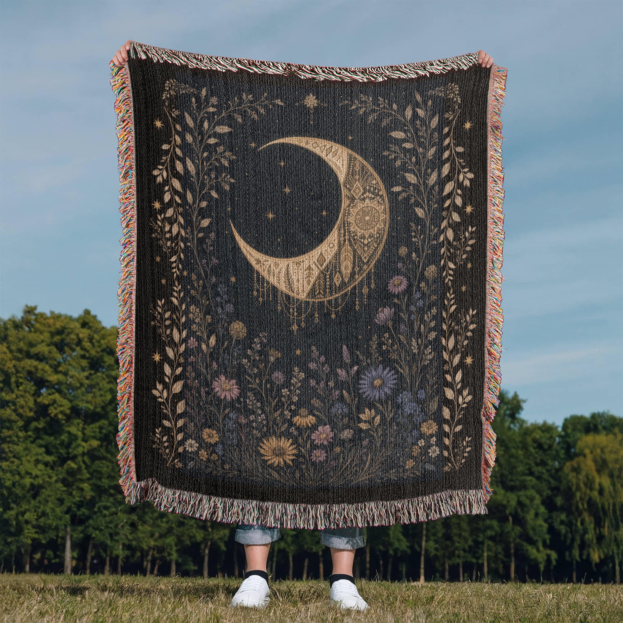 Celestial Garden Heirloom Woven Blanket: Crescent Moon & Botanical