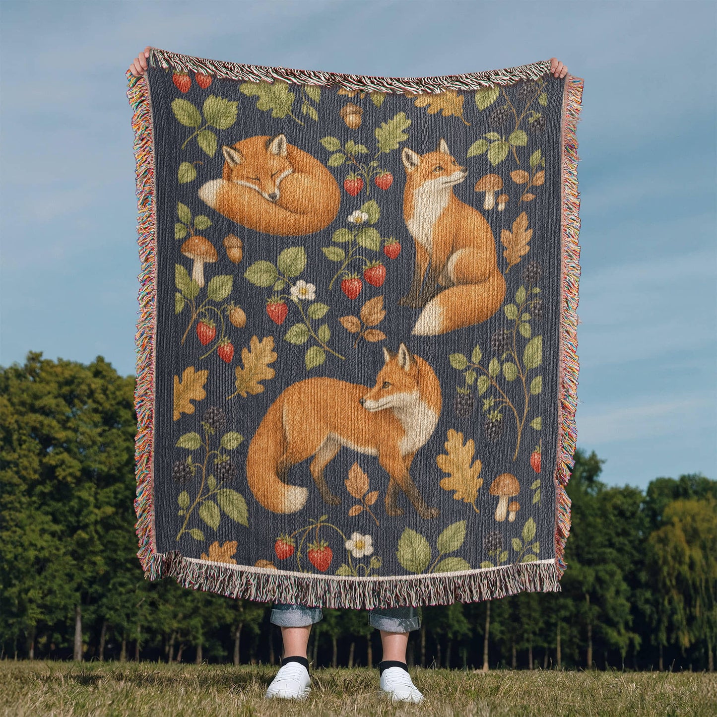 Strawberry Patch Fox Heirloom Woven Blanket