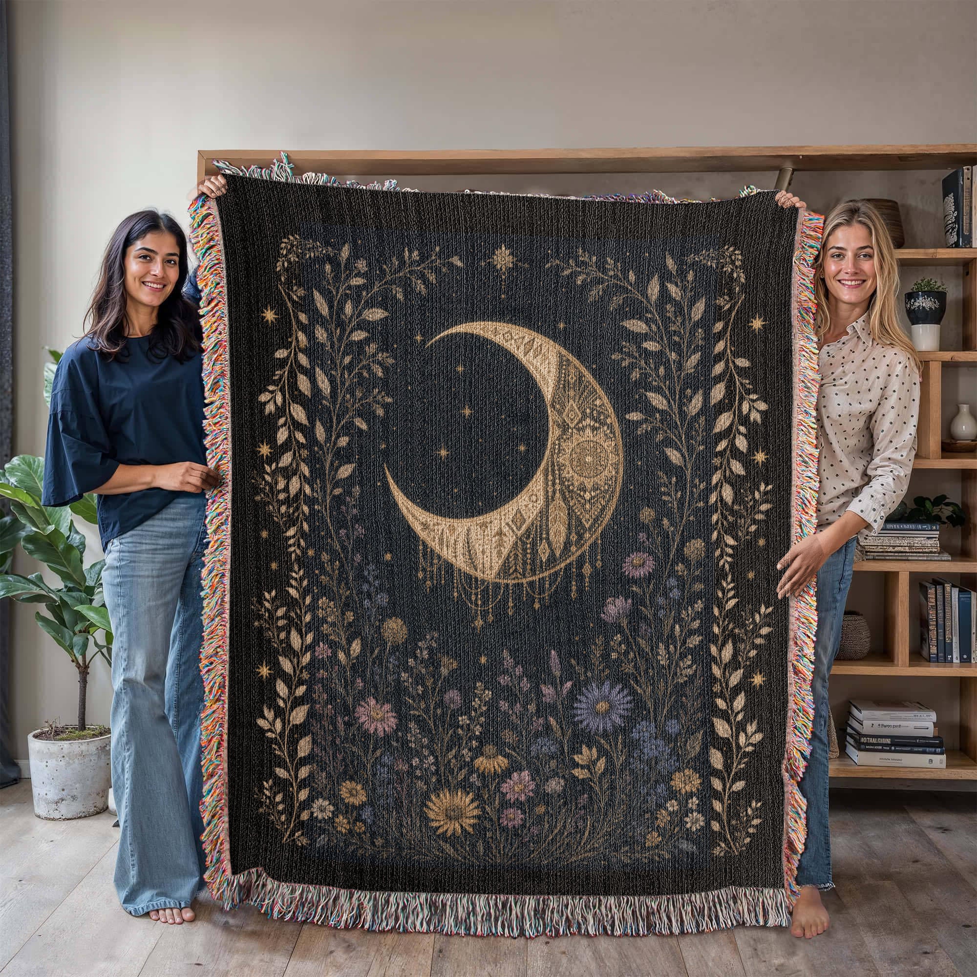 Celestial Garden Heirloom Woven Blanket: Crescent Moon & Botanical