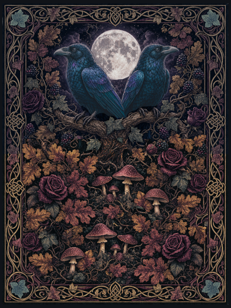 Medieval Moonlit Crows Heirloom Woven Throw