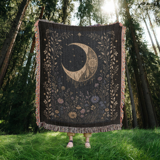 Celestial Garden Heirloom Woven Blanket: Crescent Moon & Botanical Cottagecore Throw