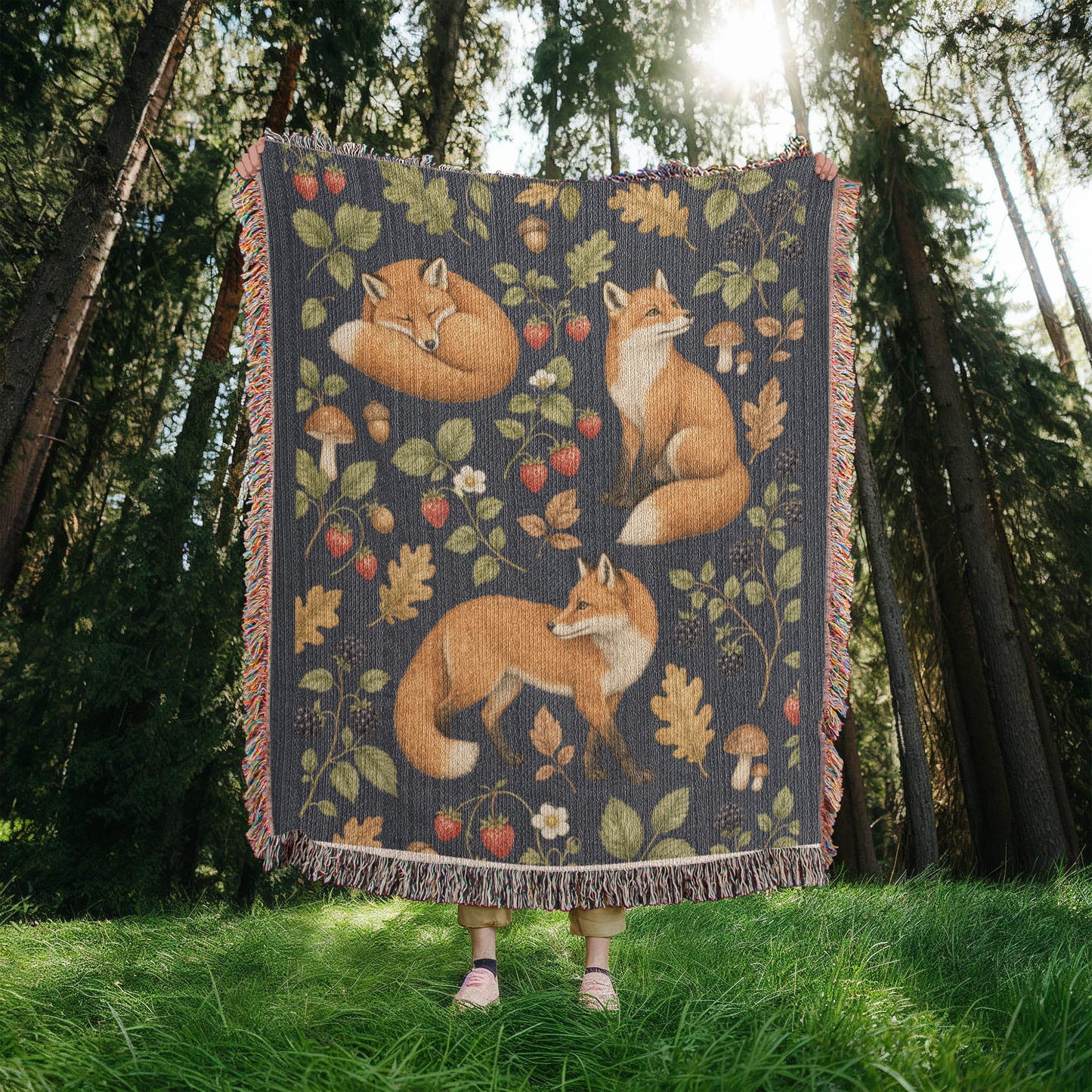 Strawberry Patch Fox Heirloom Woven Blanket