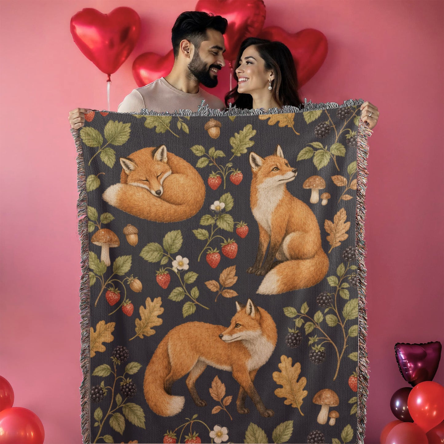 Strawberry Patch Fox Heirloom Woven Blanket