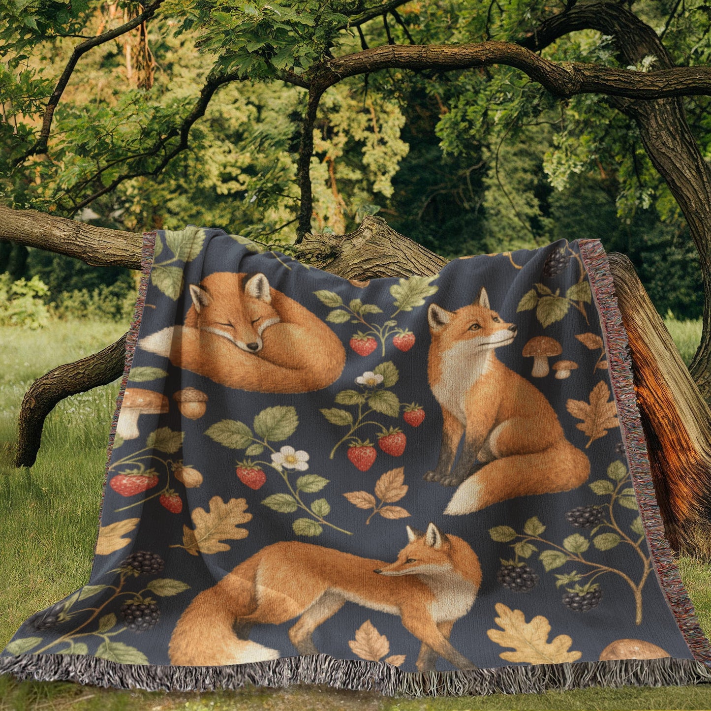 Strawberry Patch Fox Heirloom Woven Blanket