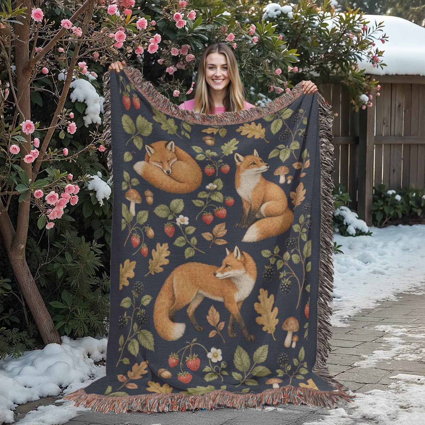 Strawberry Patch Fox Heirloom Woven Blanket
