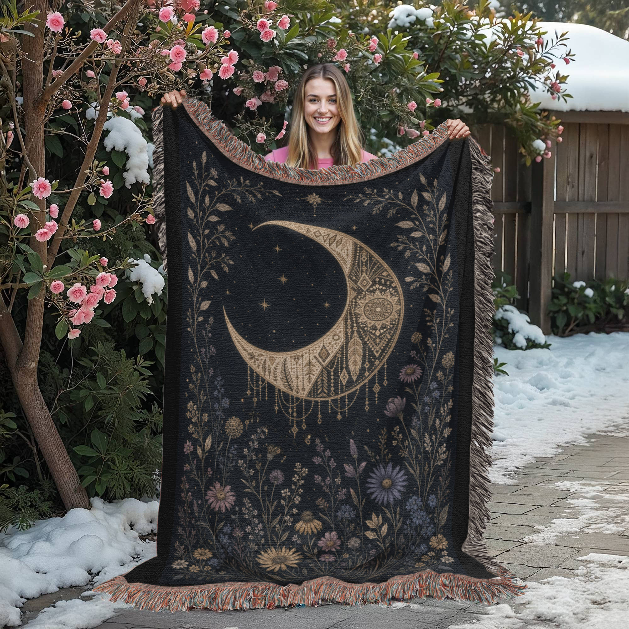 Celestial Garden Heirloom Woven Blanket: Crescent Moon & Botanical